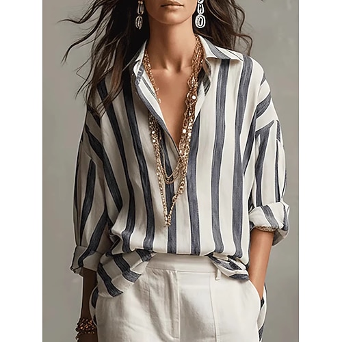 Damen Hemd Bluse Knöpfe Gestreift Stilvoll Klassisch Modern Langarm Hemdkragen Normale Oberteile Täglich Ferien Ausgehen Schwarz Rote Braun Sommer Frühling Image