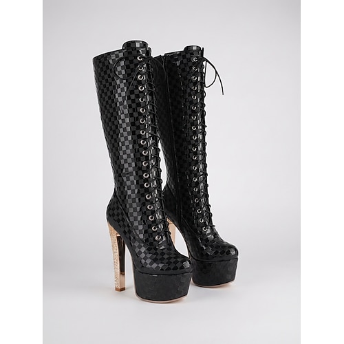 Schwarze Overknee-Plateau-Stiefel für Damen, auffällige Schnürstiefel mit hohem Absatz für Partys und Clubbesuche gewagte Mode-Looks Image