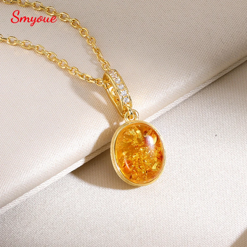 Collana con Ciondolo in Ambra Naturale Placcata Oro 14K Smyoue per Donne, Argento Sterling S925, Gioiello di Lusso Vintage Italiano Spazzolato