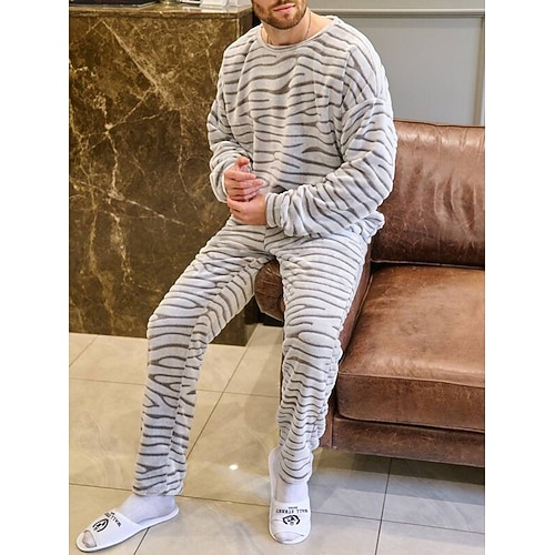 Herren Hausanzug Schlafanzüge Schlafanzug Set Pyjama-Oberteil und Hose 2 Stück Streifen Stilvoll Brautkleider schlicht Komfort Heim Täglich Flanell Komfort Rundhalsausschnitt Langarm Pullover Hose Image