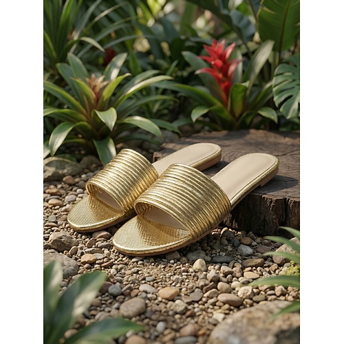 Damen Urlaub Outdoor-Resort Flacher Absatz Runde Zehe Urlaub Kunstleder Loafer Silber Gold Image