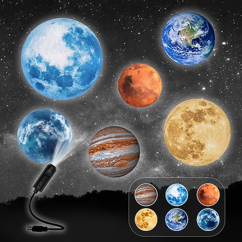 6-in-1-USB-Planetenprojektor-Nachtlicht, Erde-, Mond-, Mars-, Jupiter- und Galaxienprojektor mit 360° flexiblem Schwanenhals, tragbare Sternenhimmel-Deckenprojektionslampe für Schlafzimmerdekoration, Image
