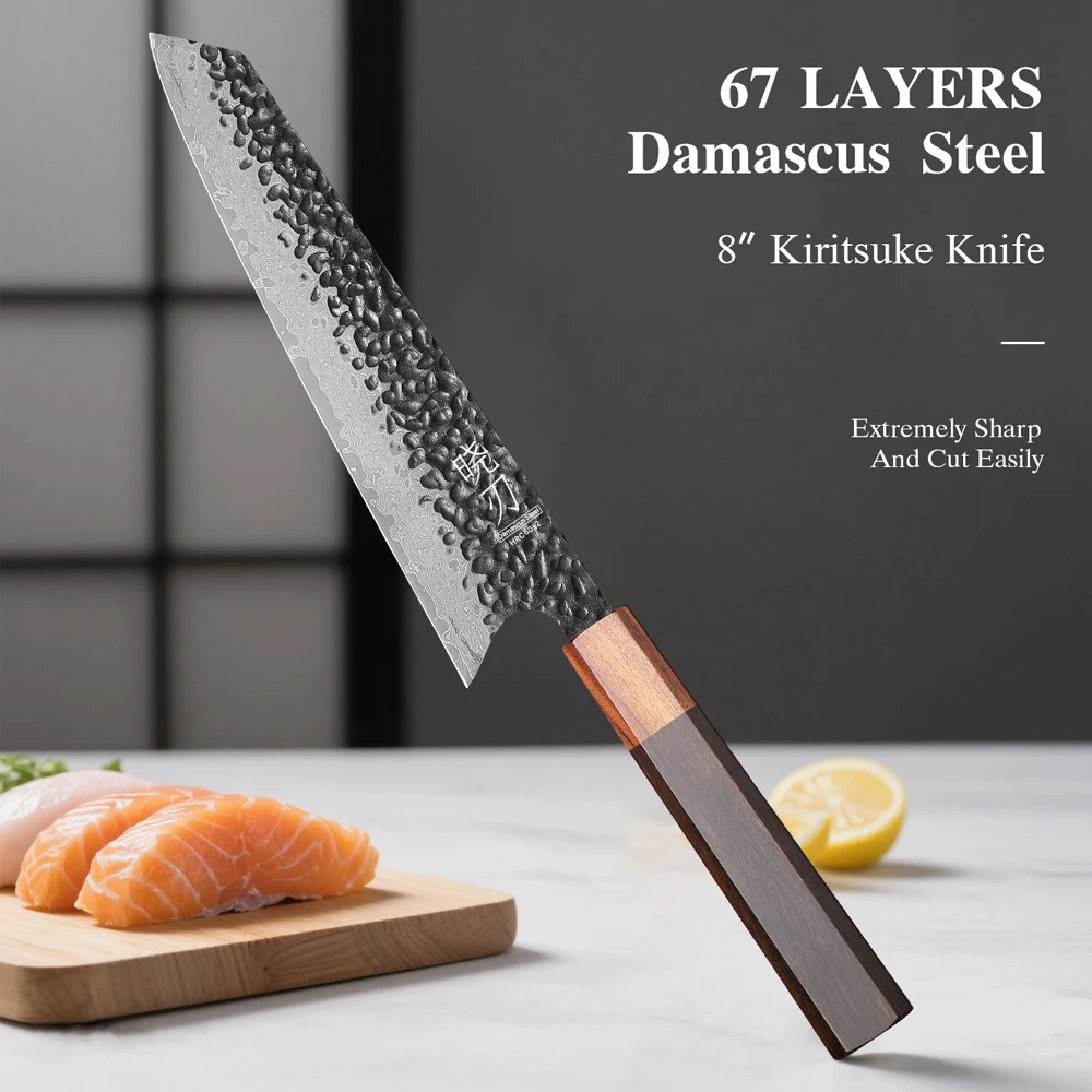 Coltello da Chef Giapponese Kiritsuke da 8 Pollici in Acciaio Damascato, Affilato per Tagliare Carne e Verdure, Fatto a Mano, Coltello Professionale da Cucina