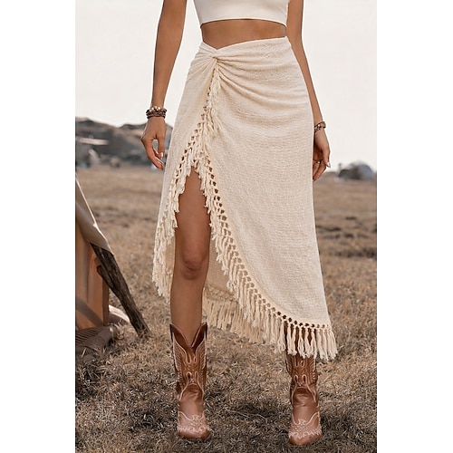 Damen Urlaubsrock Bohemien Lässig Midi Hohe Taille Röcke Einfach Quastenfransen Unelastisch Täglich Straße Aprikose Sommer Image