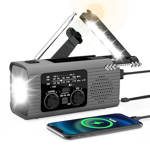 Notfallradio mit 4000 mAh Akku, Solarbetrieb, Handkurbel, AM/FM/NOAA-Empfang, Wetterradio, Handy-Ladegerät, LED-Taschenlampe, Leselampe, SOS-Alarm, Kopfhöreranschluss für Notfälle im Innen- und Image