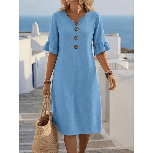 Damen Midikleid Kleider in Leinenoptik Shiftkleid Lässig Täglich Lässiger Schnitt Einfach Dreiviertelarm V Ausschnitt Blau Schwarz Weiß Grün Sommer Frühling Herbst Image