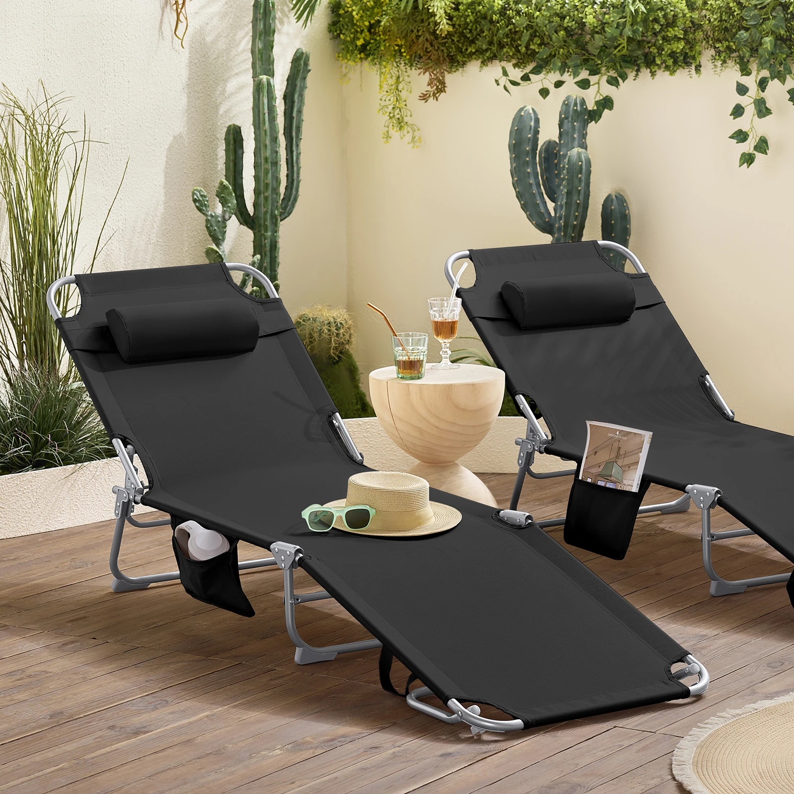 SoBuy OGS35X2 Set di 2 Sdrai da Giardino Lettino Prendisole con Cuscino e Tasca Laterale Sedia Sdraio da Esterno per Patio, Campeggio Spiaggia, Sdraio Pieghevole da Giardino 155x56x81cm