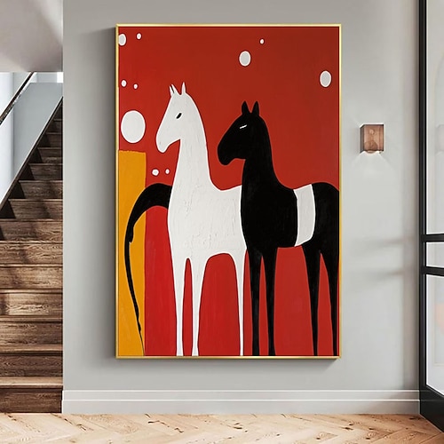 strukturierte Ölmalerei, handgemaltes Ölgemälde, Wandkunst, abstrakte schwarz-weiße Pferde, Wandkunst, Wohndekoration, luxuriöse Dekoration, Wohnzimmer Image