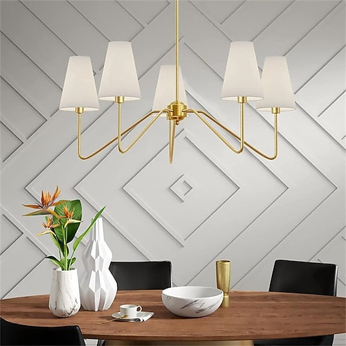 Klassischer 5-armiger Kronleuchter in poliertem Gold mit weißen Leinenschirmen, Deckenleuchte für Esszimmer, Wohnzimmer, Eingangsbereich Image