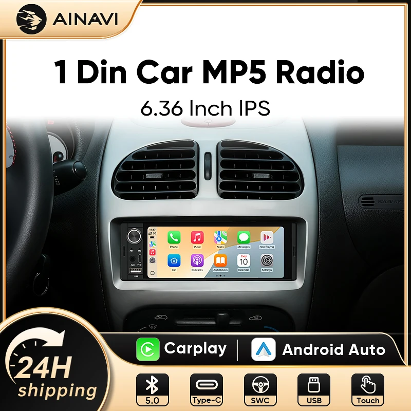 AINAVI 1Din 6.36 Pollici Schermo Touch con Carplay e Android Auto, MP5 con Bluetooth, Stereo, Ricarica USB, Radio per Auto, Lettore Multimediale Video
