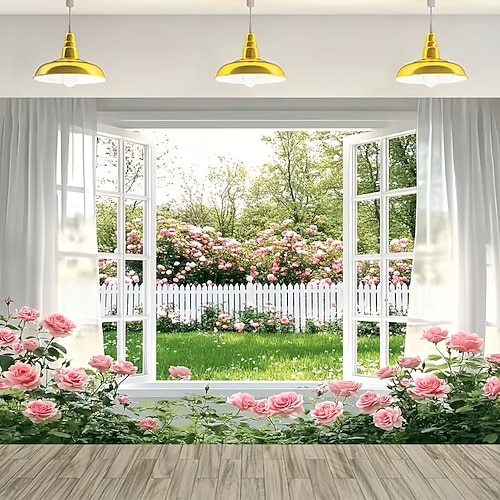 Wandteppich mit Rosengarten-Fensterblick, floralem Wandbehang im Landhausstil, Naturmotiv für Schlafzimmer, Wohnzimmer, Studentenwohnheim, Heimdekoration Image