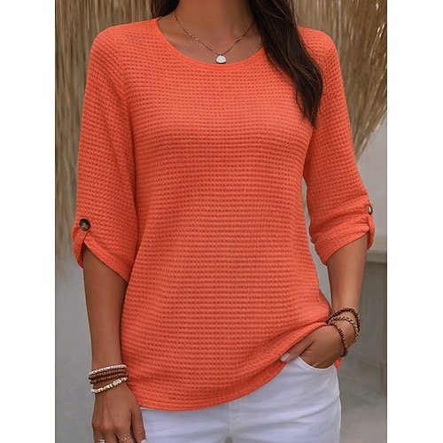 Damen Waffelhemd Waffel T-Shirt Waffle Lounge T-Shirt T Shirt Knöpfe Einfarbig Stilvoll Lässig Dreiviertelarm Rundhalsausschnitt Normale Oberteile Täglich Blau Purpur Orange Khaki Frühling Herbst Image
