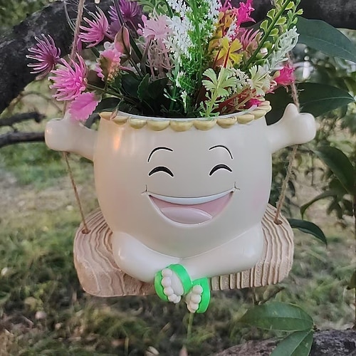 Großer, lächelnder Wandpflanztopf aus Kunstharz, verspieltes, cartoonartiges Design, Abflusslöcher für Sukkulenten, dekorativer Blumentopf für drinnen und draußen, ideal für den Innenhofgarten Image