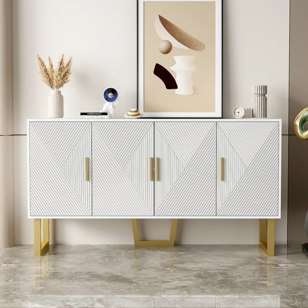 PINGGO Credenza Moderna di Lusso Bianca 150cm con Ante Lucide e Maniglie Dorate, Mobile Contenitore a 4 Ante con Ripiani Regolabili in Altezza