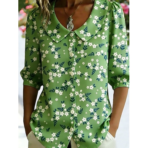 Damen Hemd Boho-Hemd Blumen Grafik Elegant Bohemien Urlaub Dreiviertelarm Peter Pan Kragen Lange Oberteile Täglich Ferien Ausgehen Blau Rosa Purpur Grün Sommer Frühling Image