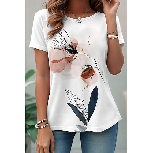 Damen T Shirt Druck Grafik Farbverlauf Elegant Vintage Stilvoll Kurzarm Langarm Rundhalsausschnitt Normale Oberteile Täglich Weiß Gelb Hellgrün Rosa Dunkelgrün Sommer Frühling Image