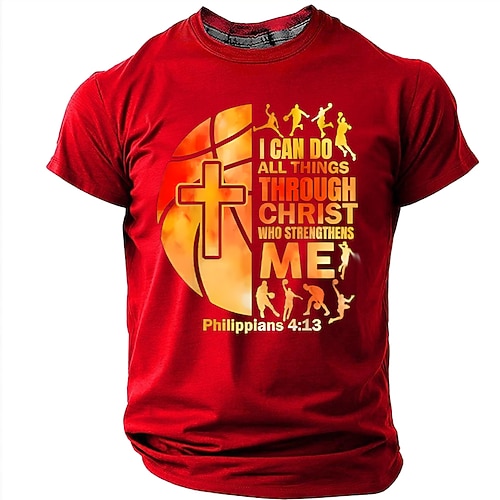 Herrenbibel Ich kann alles tun durch Christus der mich stärkt Philipper 4 13 Basketball Kreuz T-Shirt Grafik Lässig Kurzarm Fitness Kirchliche Kleidung Designer Image