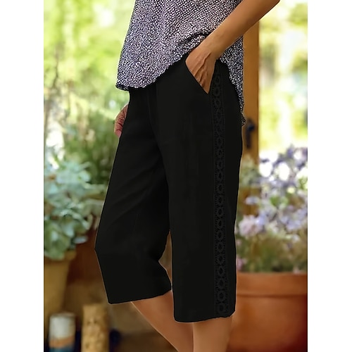 Damen Caprihose Kunstbaumwollleinen Sommershorts Hosen Hose Streetwear Lässig Knielang Mittlere Taillenlinie Einfarbig Tasche Bequem Atmungsaktiv Unelastisch Täglich Outdoor Urlaub Schwarz Grün Image