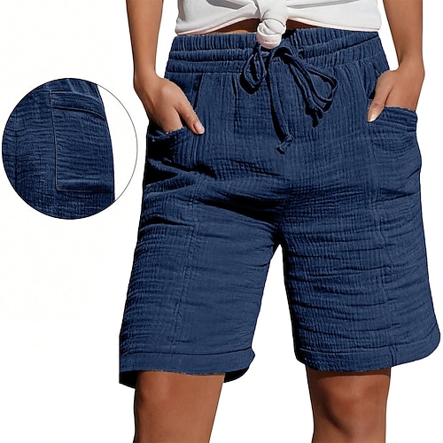 Damen Bermudashorts Shorts Sommershorts Strandshorts Urlaub Mode Alltagstauglich Knielang Hohe Taille Einfarbig Einfach Kordelzug Tasche Elastischer Bund Komfort Weich Atmungsaktiv Mikroelastisch Image