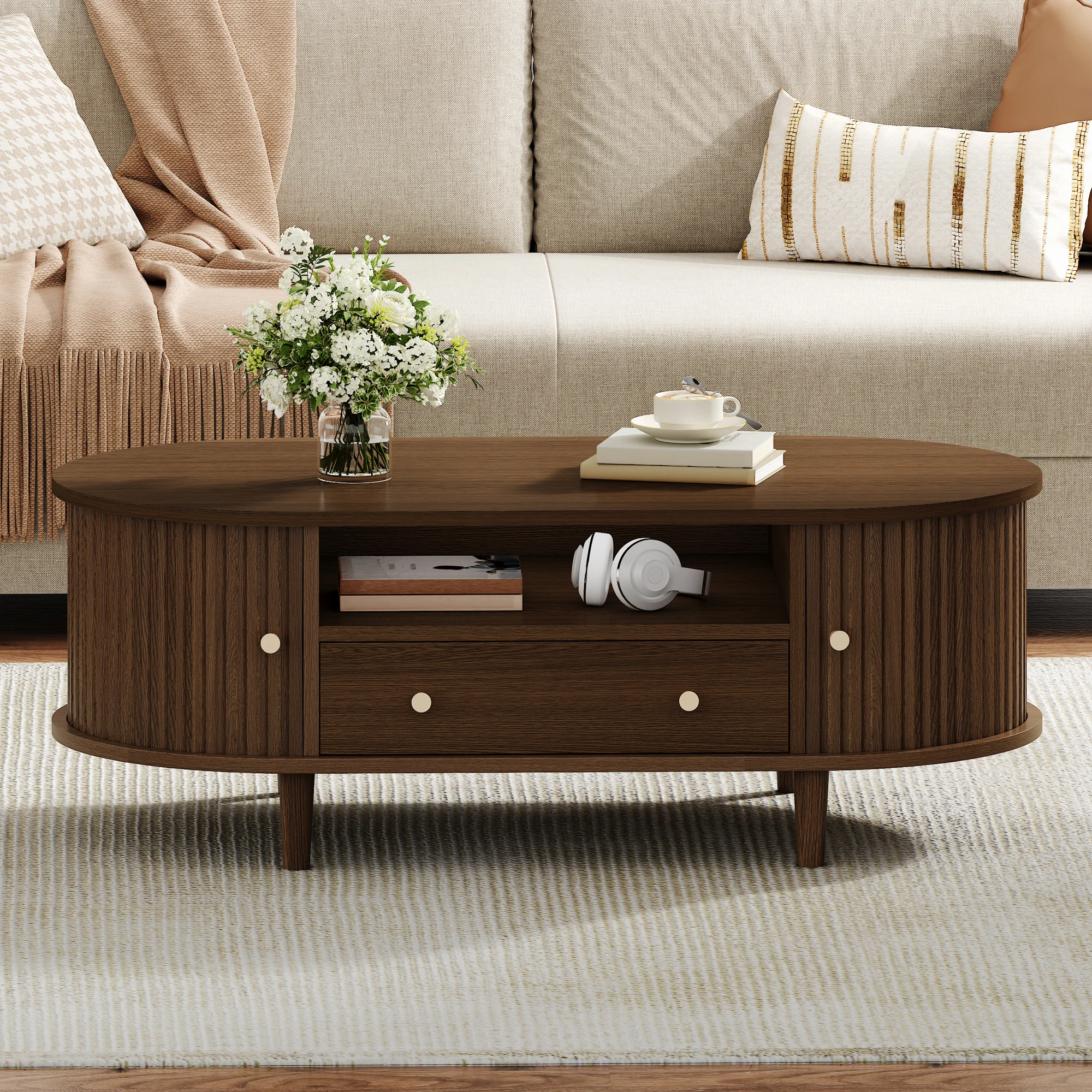 Ovaler Couchtisch 100×50×36 cm mit Schublade & offenem Stauraum, Rolltür, MDF Walnussoptik, stabiler Sofatisch Image