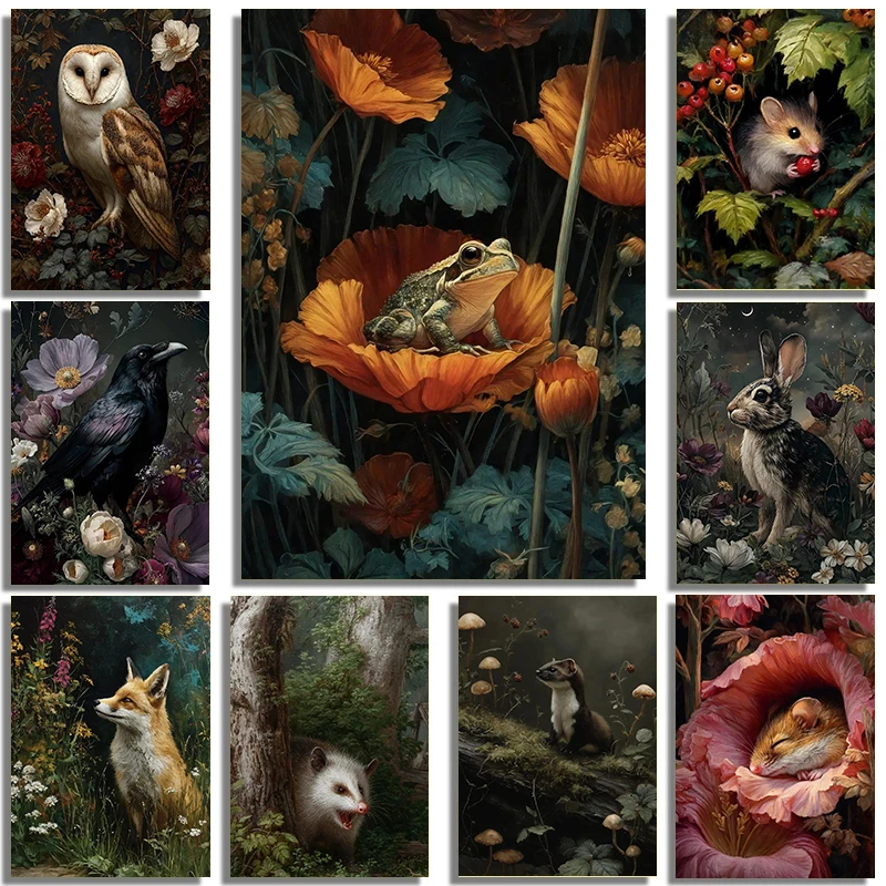 1 Stück rahmenloses Leinwandgemälde Dunkler Wald Blumen und Wildtiere Kunstposter Leinwandmalerei Druckgrafik Hotel Homestay C