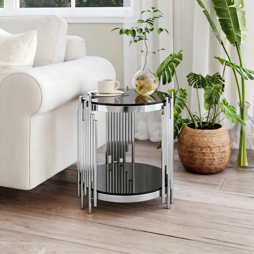 Runder Glas-Beistelltisch Silberner Edelstahlrahmen 6mm Gehärtetes Glas Couchtisch Wohnzimmer Schlafzimmer Balkon Einfache Montage Image