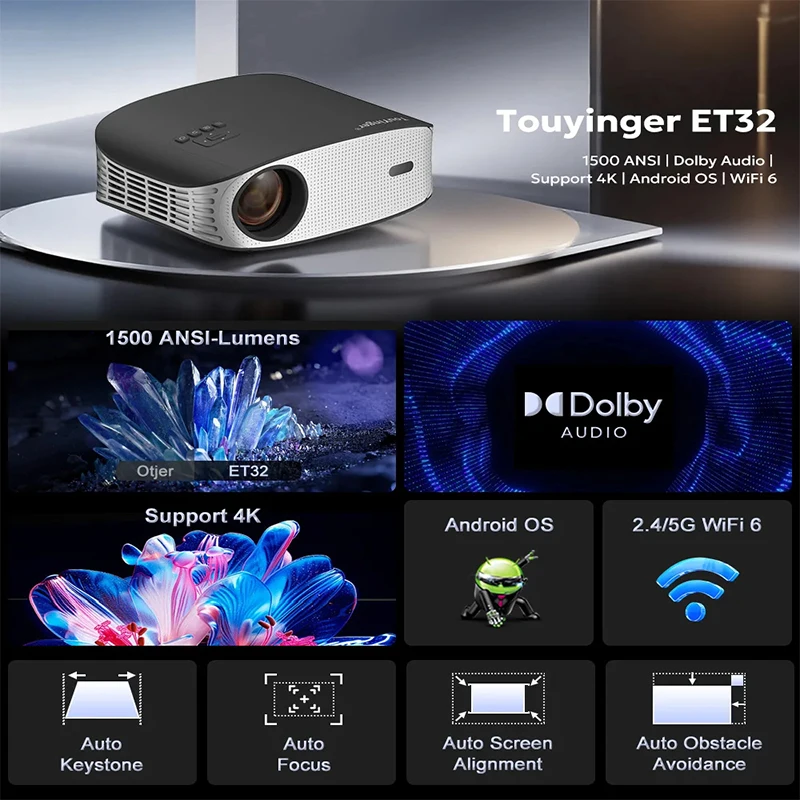 Touyinger ET32 Projektor 4K HD 1920*1080P 1500 ANSI Autofokus Wifi6 BT5.0 Dolby Audio Heimkino- und Outdoor-Projektor in Kinoqualität Image