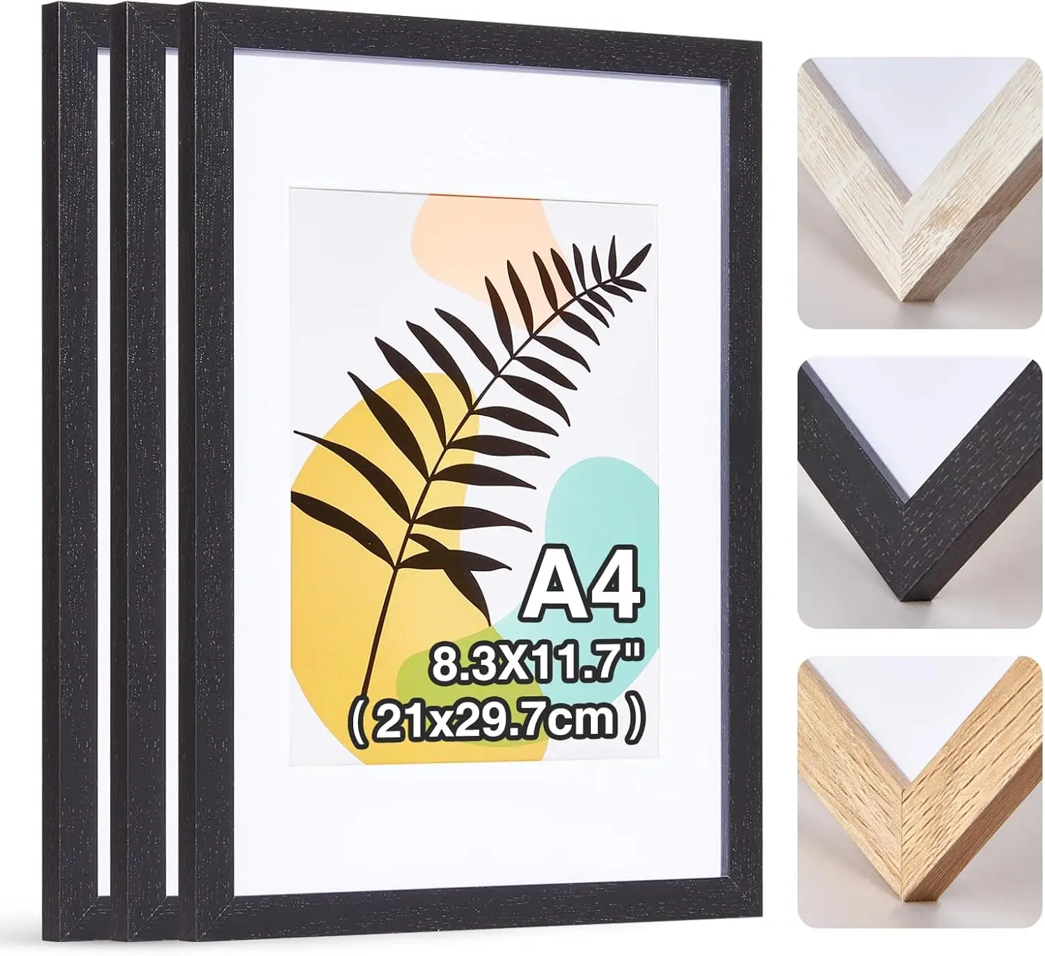 1/2/3er Set Bilderrahmen A4 Schwarz, 21x30 cm Fotorahmen aus Holz mit bruchsicherem Plexiglas – Robuster Rahmen Image