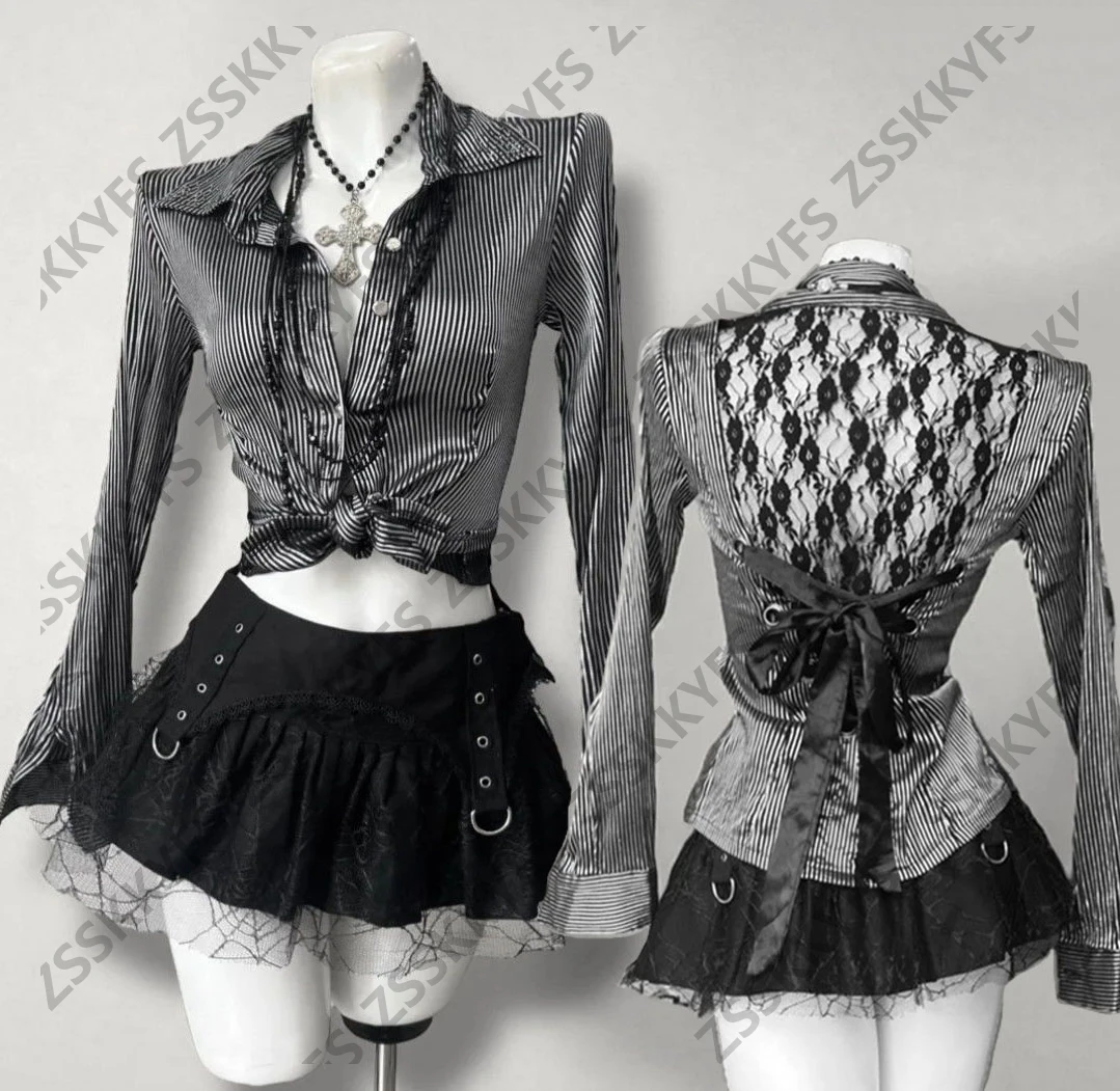 Goth Kleid Spitze 2-teiliges Set Sexy Punk Vintage Slim Top + Minirock Süße Streetwear Y2k 90er Jahre Harajuku Kleider Hot Girl Sommer Chic