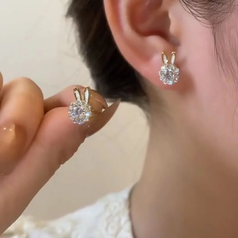 Glitzernde Diamant-Kaninchen-Ohrstecker, Ohrstecker aus 925er Sterlingsilber, Damen-Party-Schmuck, Geschenk Image