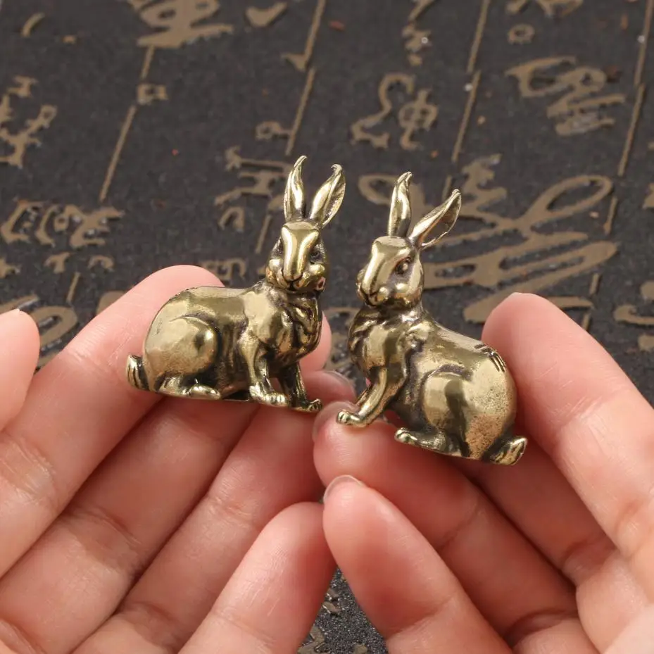 1 Paar antike Kupfer Tierkreis Glück Kaninchen Statue Ornamente Vintage massives Messing Tier Miniatur Figur Tee Haustier Schreibtisch Dekoration Image