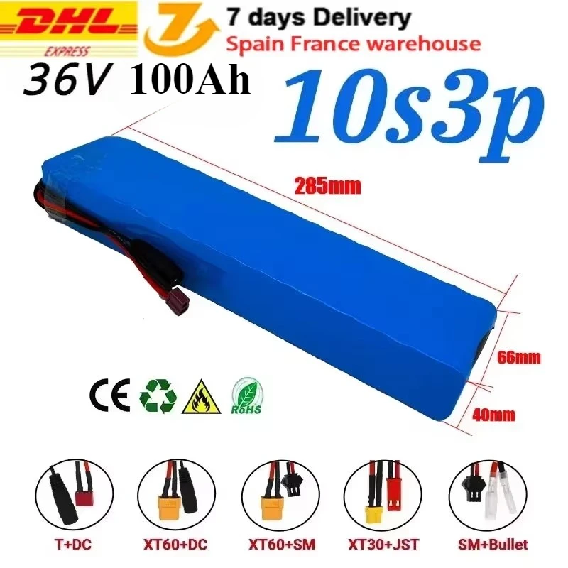 Versand aus Frankreich 36V 100Ah 18650 Wiederaufladbarer Lithium-Akku 10S3P 1000W mit BMS für Fahrrad- und Roller-Akkupacks Image