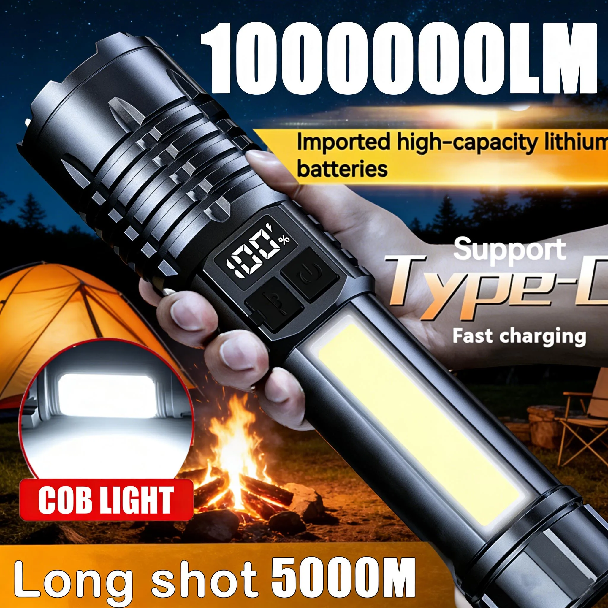 Neueste Hochleistungs-LED-Taschenlampe mit Zoom und Digitalanzeige USB-Aufladbare Laterne für Camping und Wandern Image