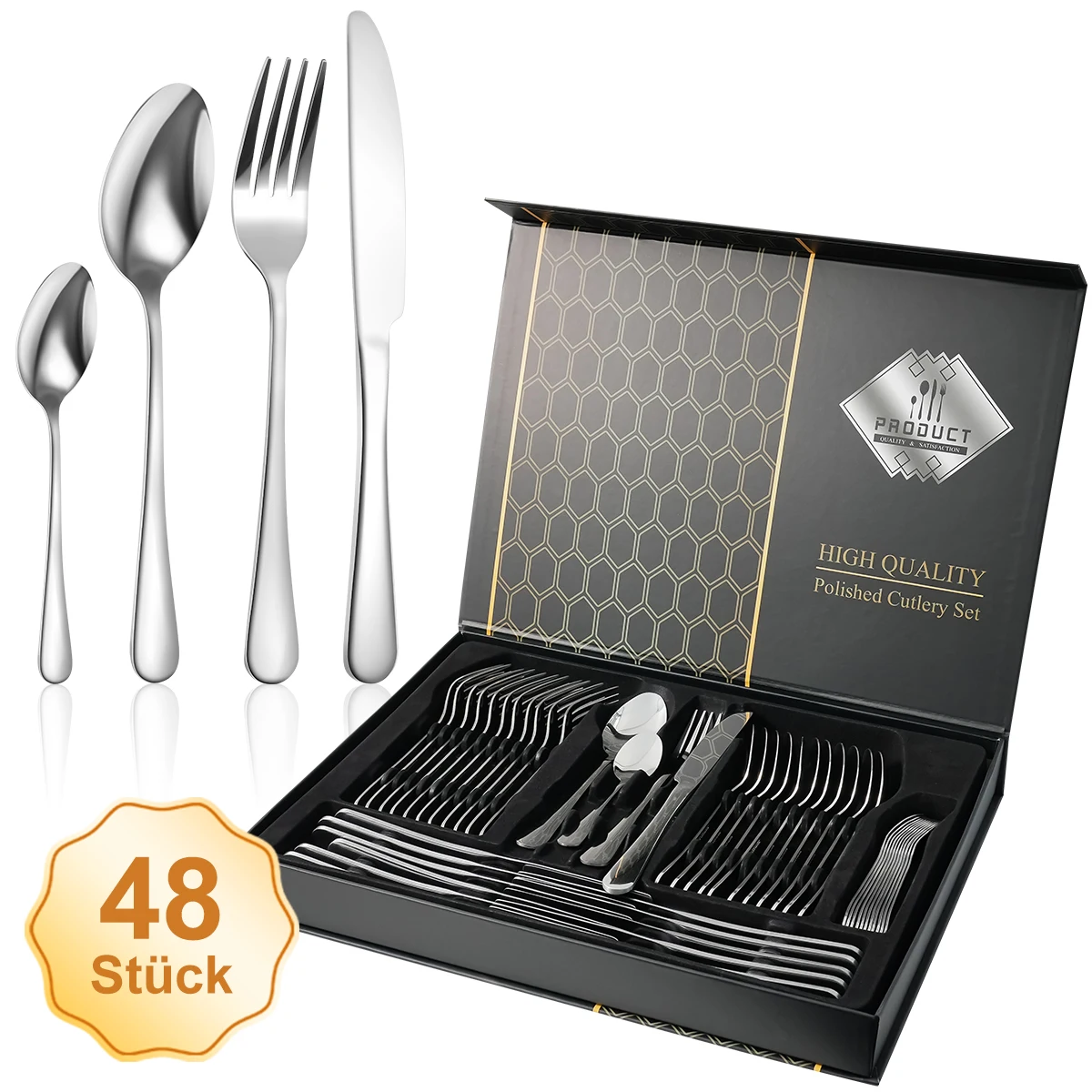 48-teiliges Gold/Silber Edelstahl Besteck-Set in Geschenkbox, Steakmesser, Gabeln, Löffel, Spülmaschinenfest, für Zuhause/Restaurant/Geschenk Image