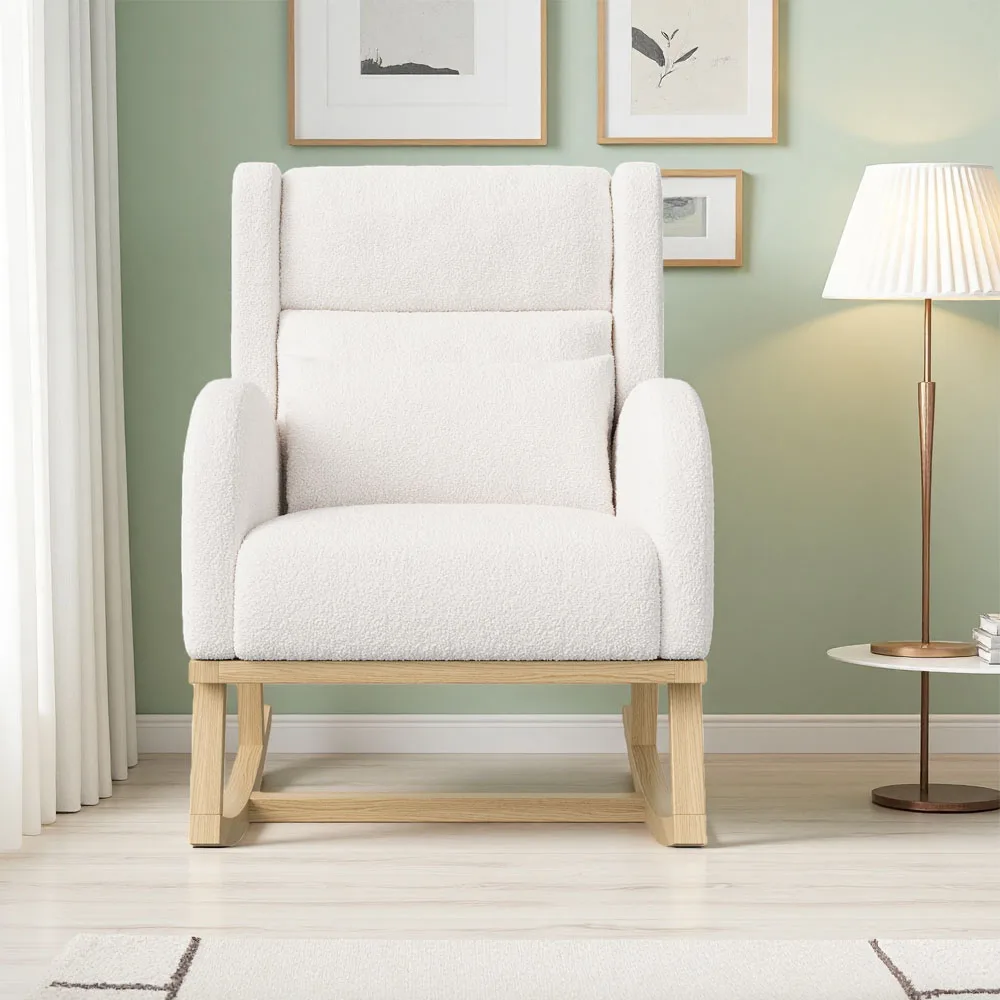Comanlai Schaukelstuhl mit Lendenkissen, Relaxsessel für Schlafzimmer, Wohnzimmer, Balkon, Büro, Teddy-Samt, Weißer Kaffeestuhl Image