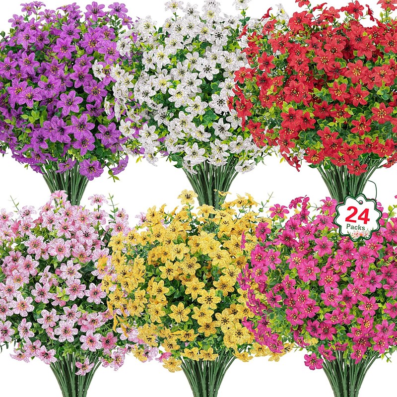 24 Bundles Artificial Flowers for Outdoors Fake Silk Flowers UV Resistant Faux Plastic Plants for Spring Summer Garden Porch Window Box Table Vase Home Indoor Outdoor Decoration, Mixed