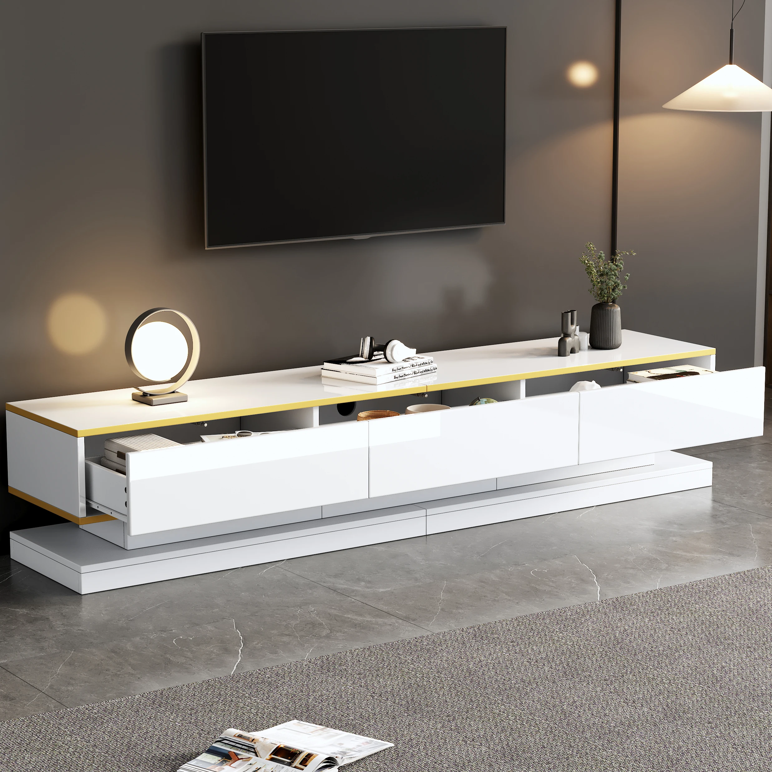 Meuble TV 200*40*40cm, meuble bas avec 3 tiroirs, meuble TV brillant, meuble de salon avec un grand espace de rangement