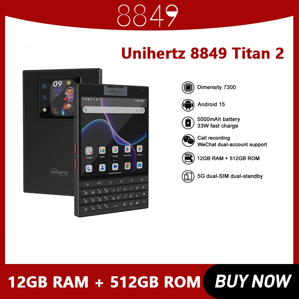 Unihertz 8849 Titan 2 QWERTY Keyboard Dual Display 5G Smartphone Smartphone 15 4.5" 12GB 512GB Mobile Phone 5000mAh 33W Phones