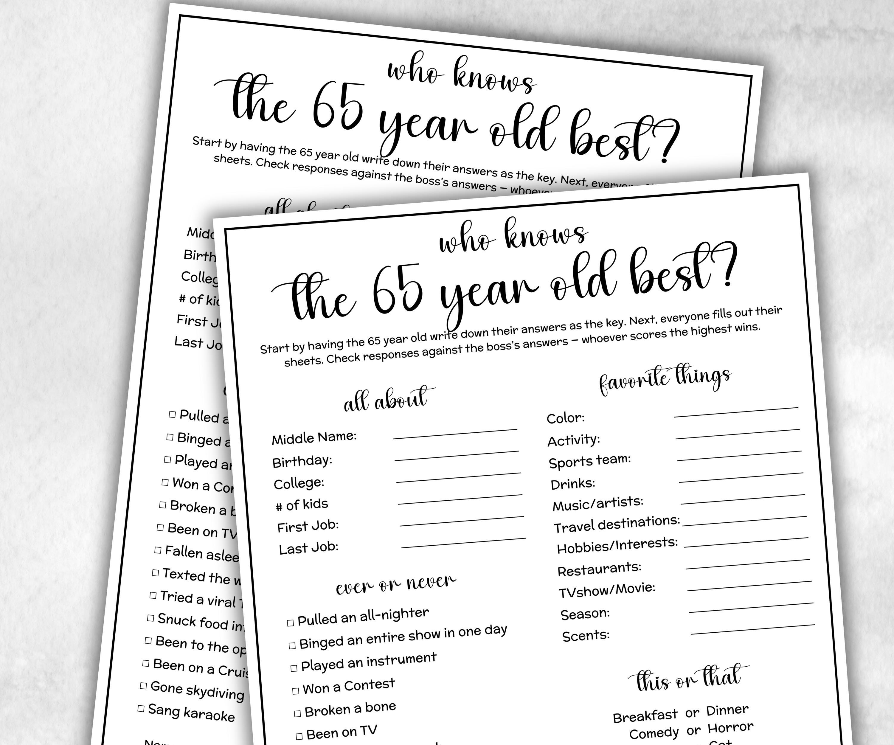 Idee per giochi di compleanno per 65 anni, 65 anni 1960, chi lo conosce meglio, chi la conosce meglio, decorazioni per feste di compleanno per 65 anni
