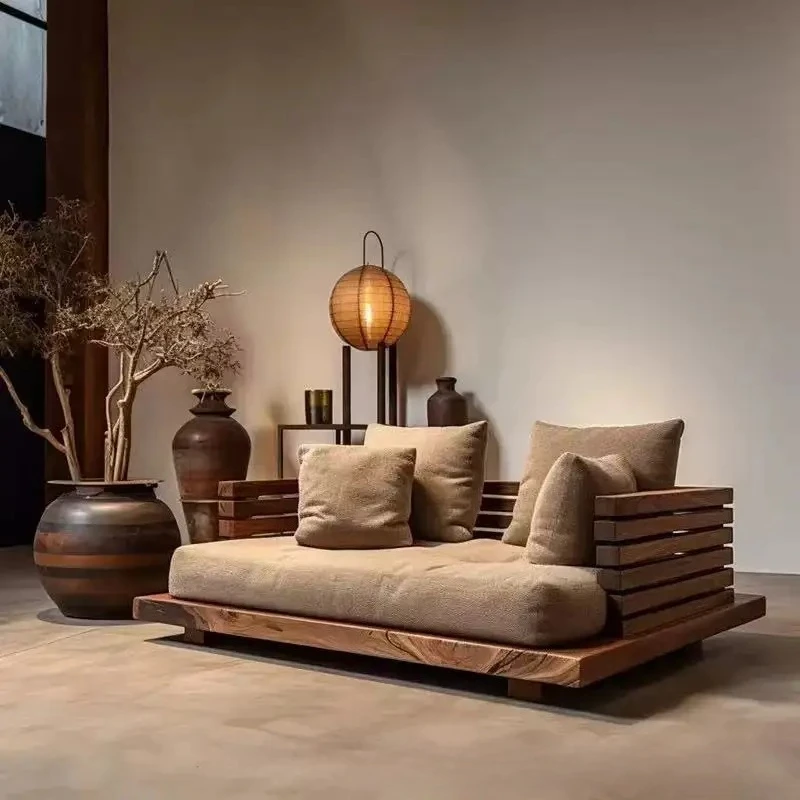 Wabi Sandy Wind Massivholz-Schlafsofa aus Altem Ulmenholz, Einfaches Wohnzimmer-Schlafsofa, Einzel- oder Doppel-Freizeitsessel Image