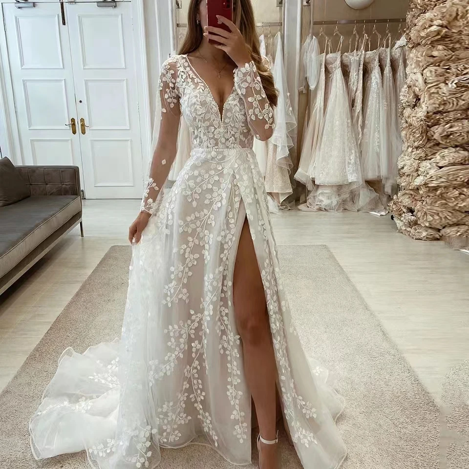Wunderschöne V-Ausschnitt lange Ärmel Brautkleider Spitze Applikation Brautkleider sexy Split Tüll eine Linie Sweep Zug Vestidos de Novia Image