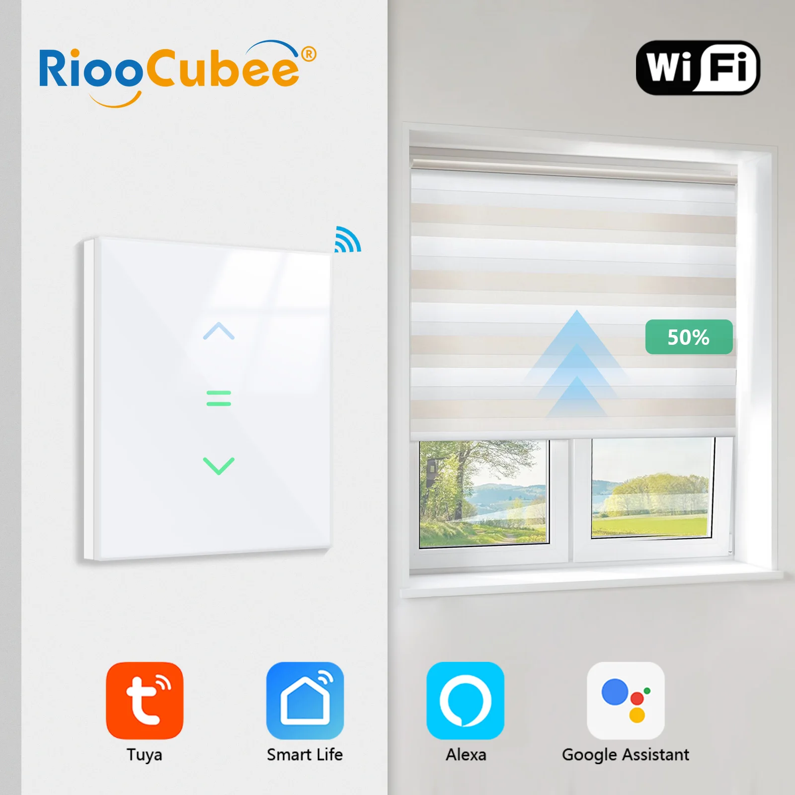 RiooCubee Tuya Smart Life Vorhangschalter mit Hintergrundbeleuchtung Prozentsatzanzeige Fernbedienung Timer Sprachsteuerung durch Google Home Alexa Image