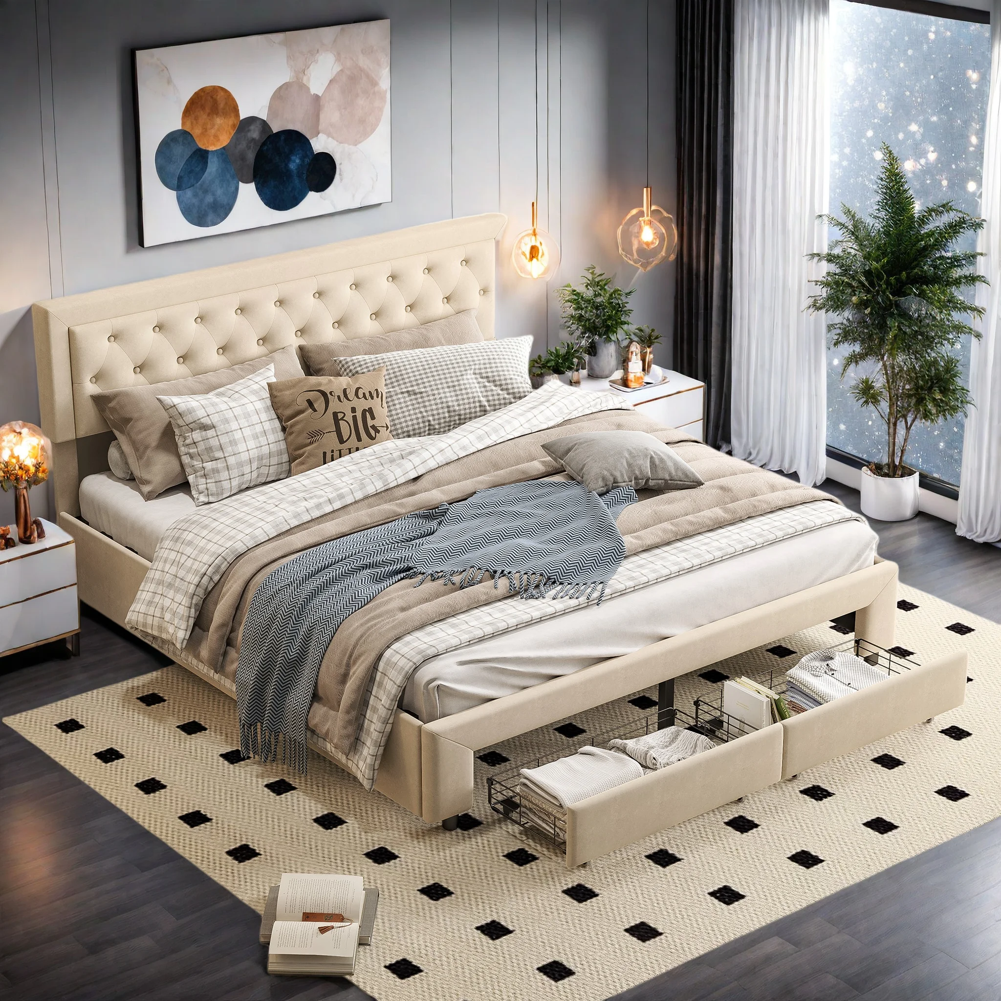 Polsterbett Doppelbett 180x200 cm, Stauraumbett Bettgestell mit Schubladen und Stauraum, Jugendbett Rückenlehne mit Hydraulisches Metallrahmen und Lattenrost, Samt, Beige Image