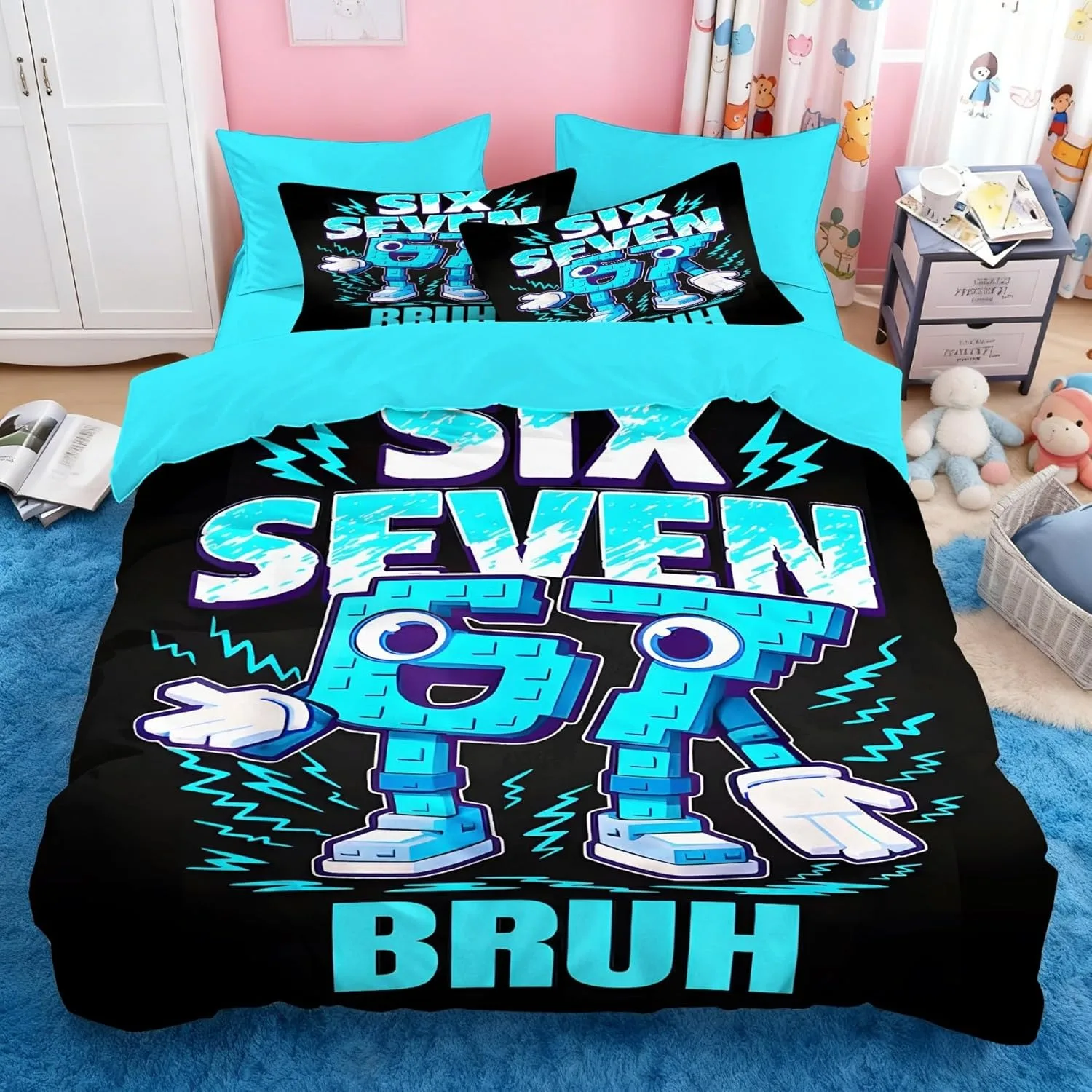 Cartoon-Druck Six Seven 67 Bettwäsche-Set 2/3-teilig, Bettbezug und Kissenbezug für Zuhause, Teenager und Erwachsene, Geschenk für Jungen und Mädchen