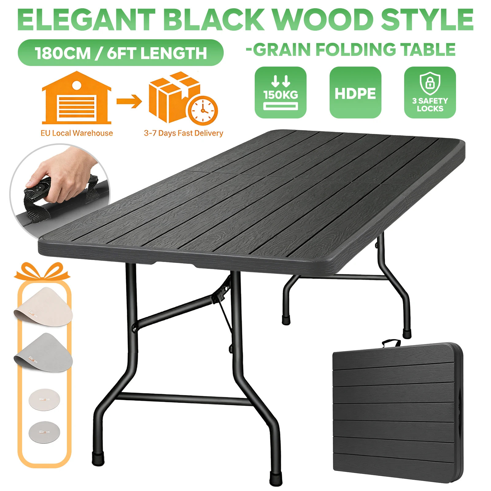 180cm Klapptisch Gartentisch Campingtisch Tragbar, Wetterfest HDPE, Bis 150kg Belastbar, Faltbar für Picknick & Balkon