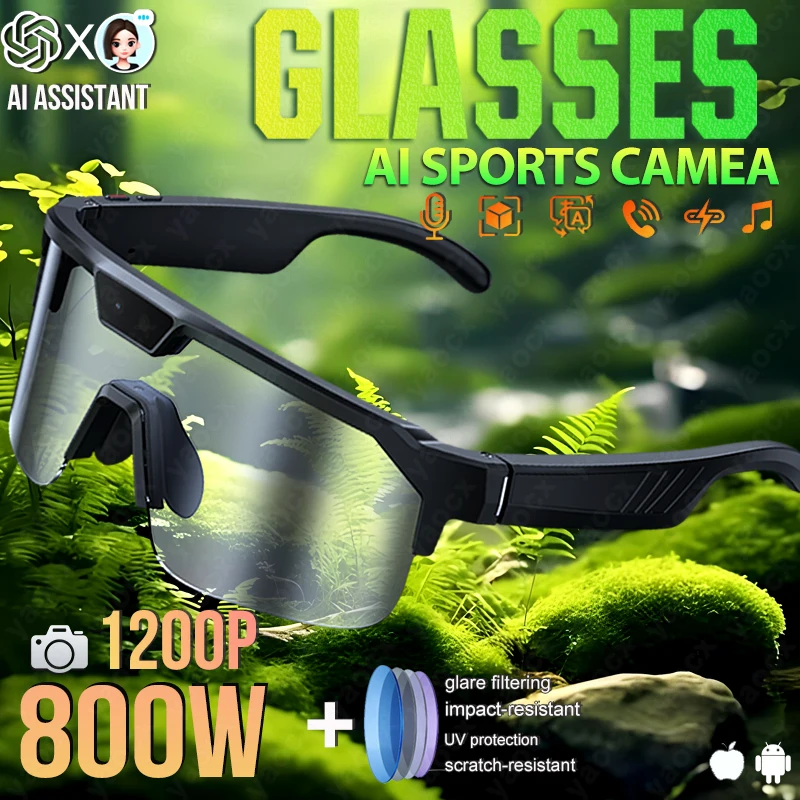2026 Neue KI-Smart-Fahrradbrille mit 8MP-Kamera, 1200P-Videoaufnahme, Echtzeit-Übersetzung, BT-Anruf für Männer und Frauen, Sport-Sonnenbrille Image