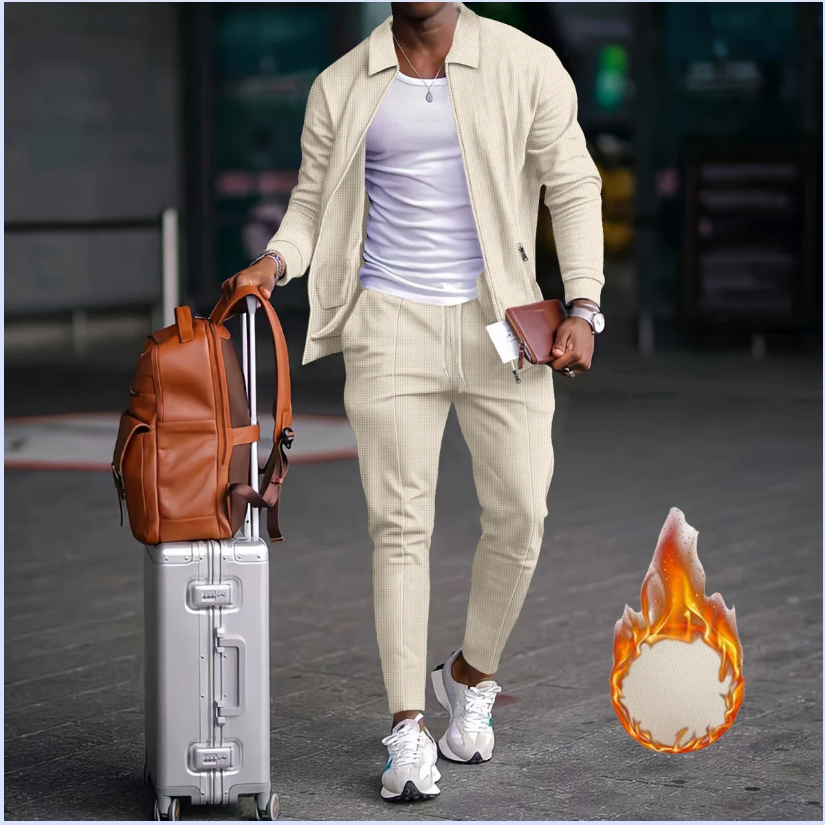 2026 Neu eingetroffen: Herren Herbst/Winter Waffelstrick Langarm-Jacke mit Reißverschluss, Reverskragen und Taschen, plus dicke warme lange Hose – 2-teiliges Set Image