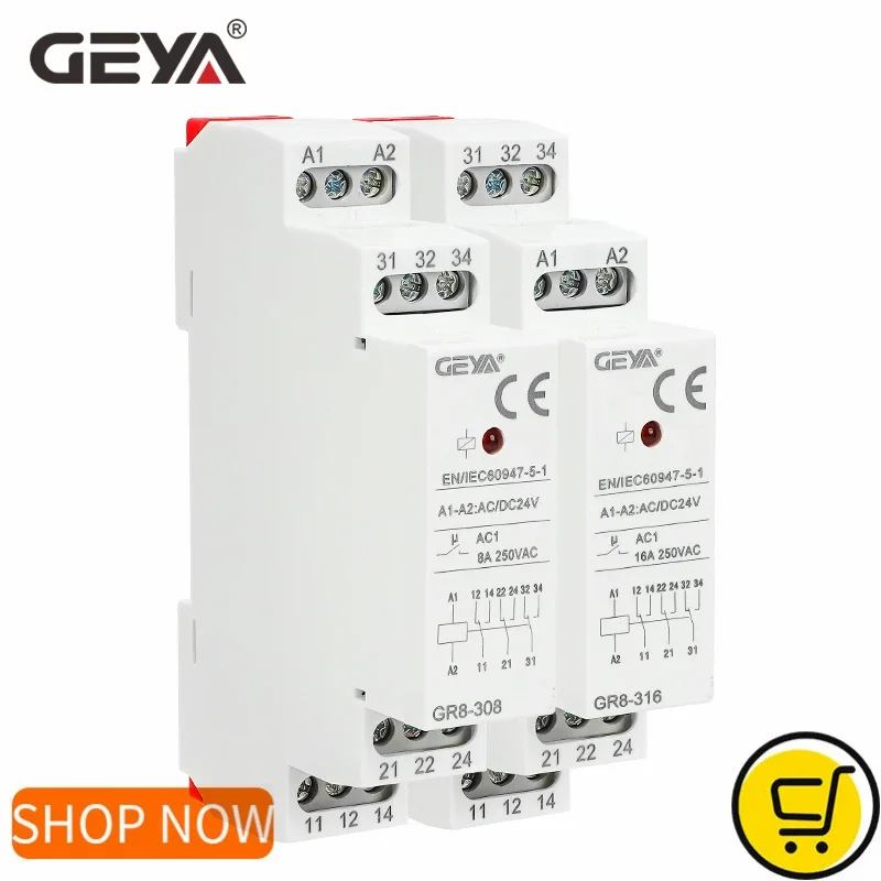 GEYA DIN-Schienenrelais Typ GR8 AC DC 12V 24V 48V Schaltrelais Zwischenrelais 8A 16A Hilfsrelais Image