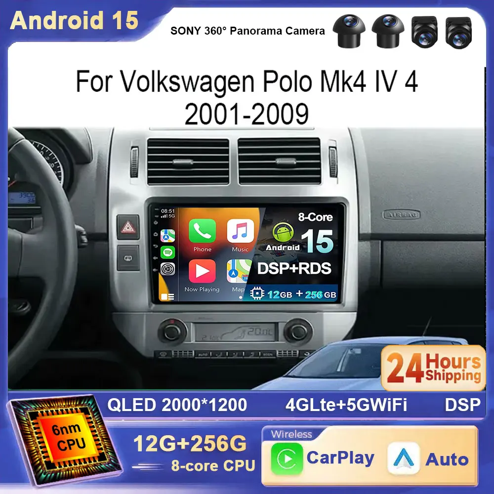 Für Volkswagen VW Polo MK4 6Q 9N 9N3 2001-2009 Android 15 Auto Radio Auto Multimedia Video Player GPS Carplay QLED Bildschirm Stereo