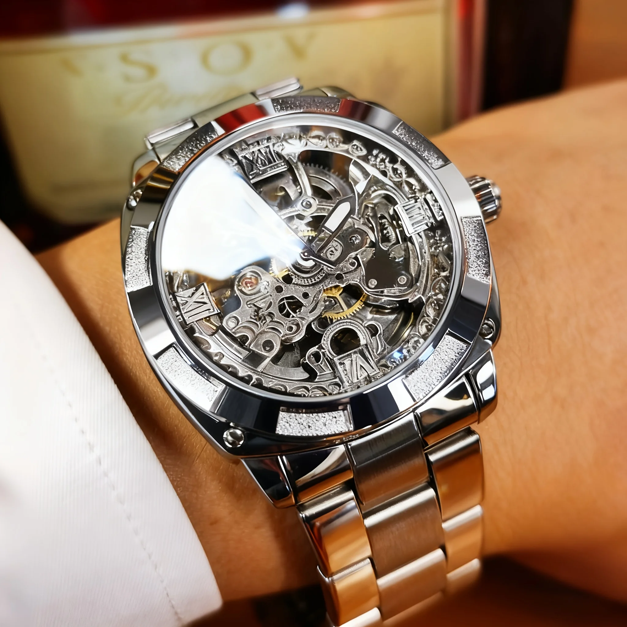 Ausgehöhlte, trendige Herrenuhr mit vollautomatischem mechanischem Uhrwerk, wasserdicht mit Nachtlicht und multifunktional, Herren-Geschenk Image